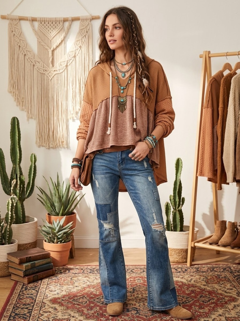 POL Layered Waffle-Knit Hooded Top Rust Cream Drawstring Small Oversized Fall